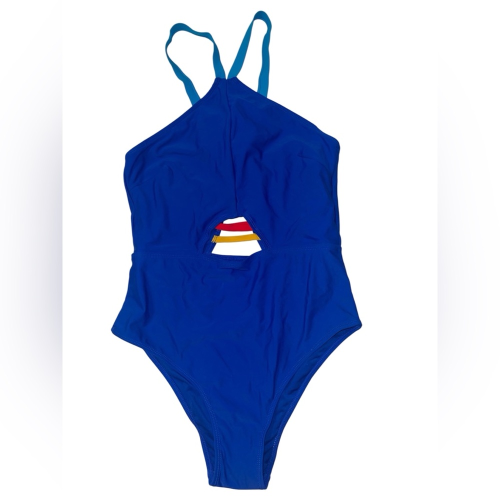 Juicy Couture Bathing Suit 1 Piece Swimsuit High neck contrast Blue Red Teal